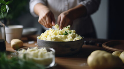 Woman preparing tasty mashed potatoes on light background, AI Generative