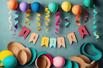 Wall Mural - paper streamer decorating a birthday party with colorful balloons, banners and treats, created with 