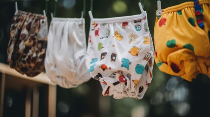 Poster - A group of baby diapers hanging from a clothes line. Generative AI image.