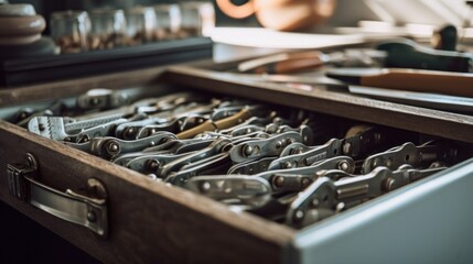 A drawer filled with lots of tools sitting on top of a table. Generative AI image.