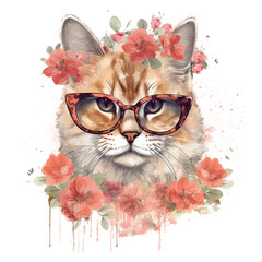 Wall Mural - Kitty Cat With Glasses Floral Watercolor Png art For Sublimation Design, Generative AI