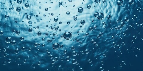 Bubbles underwater in the crystal clear blue sea water. Blue clear water texture background. Generative AI