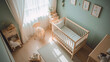 © Gasspoll - Interior of light cozy baby room with crib and bedding, top view. AI Generative