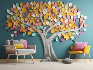 Wall Mural -  Colorful tree with leaves on hanging branches illustration background. 3d abstraction wallpaper for interior mural wall art decor. Floral tree with multicolor leaves