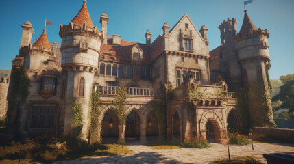 Wall Mural - A Tudor-style castle with stonework and pointed arch Generative AI 