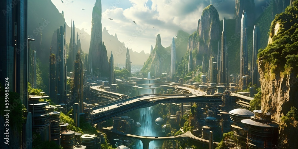 futuristic high-tech city with advanced infrastructure, science fiction cityscape, fictional landscape created with generative ai
