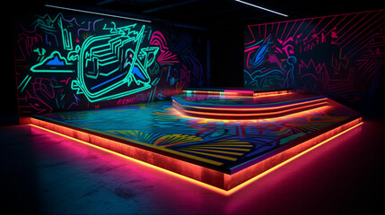 Sticker - A fluorescent neon skateboarding ramp with glowing 
 Generative AI 