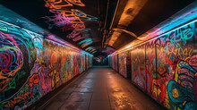 A Neon-lit Tunnel With Intricate Graffiti Artwork Generative AI 