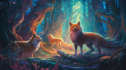 Wall Mural - A pack of enchanted wolves living in a mystical forest Generative AI 