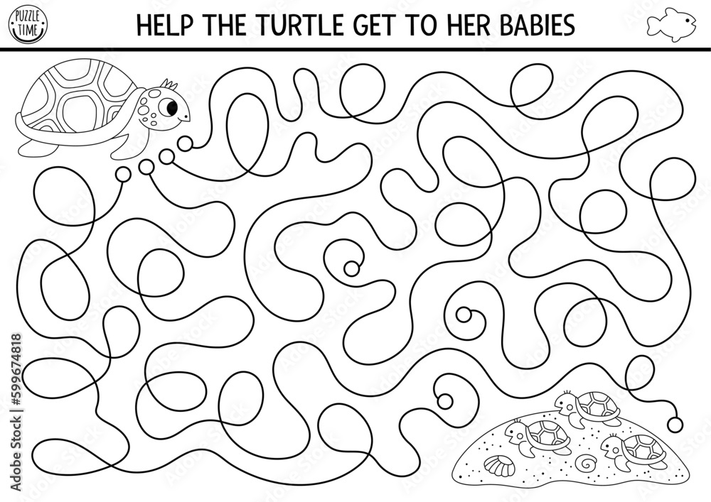 Under the sea black and white maze for kids with tortoise, seashells ...