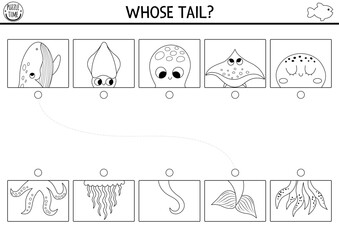 Wall Mural - Under the sea black and white connect halves worksheet.  Matching game, coloring page for preschool kids with ocean animals. Match heads and tails line activity with octopus, jellyfish, whale.