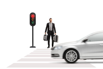 Poster - Businessman carrying suitcases and waiting at traffic lights