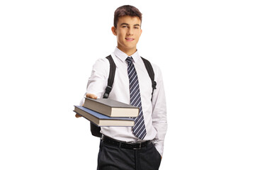 Wall Mural - Male teenage student in a school uniform giving books