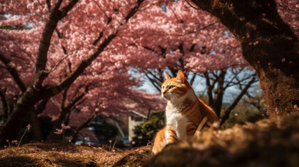 Wall Mural - cute cat man con  in the cherry blossom forest Japan Generative AI 