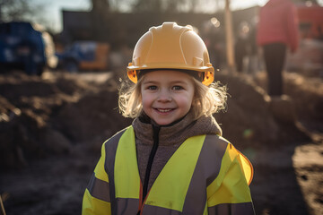 Wall Mural - Portrait of a child construction worker wearing hard hat. Generative ai.