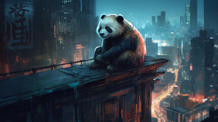 Wall Mural - Panda bear on top of a building portraiture Generative AI 