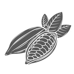 Sticker - Cocoa beans glyph icon vector illustration. Stamp of whole and half tropical pods with seeds and leaf, botanical branch of cacao plant with kakao fruit, raw ripe ingredient for cooking chocolate