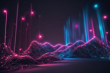 3d render, abstract background with pink blue glowing neon lines and bokeh lights. Data transfer concept.