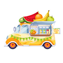 Juice Truck Vector Illustration. Cartoon Isolated Beach Bar Or Festival Street Cafe In Car Van With Big Summer Fruits On Top, Side View Of Mobile Truck To Sell Fresh Lemonade And Juice For Children