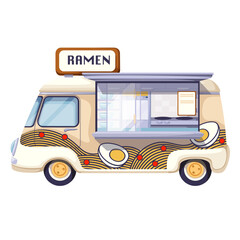 Japanese food truck with ramen noodles vector illustration. Cartoon isolated retro car van with Ramen sign and counter stall in window, side view of street cafe vehicle with delicious Asian hot soup