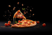 Delicious Pizza With Flying Ingredients In A Minimal, Generative Ai
