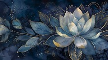 Beautiful Lotus Lily Water Flower Wallpaper, Gold On Dark Blue Background, Banner, Mural Art, Watercolor Illustration With Some Sparkle And Glitter. Generative AI