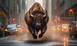 Buffalo, Bison, Wild in the City: A Fierce Buffalo Rampaging Through Urban Streets at Full Throttle.  Generative AI 