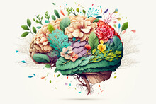 Human Brain With Spring Colorful Flowers. Concept Of Mental Health, Self Care, Happiness, Harmony, Positive Thinking, Creative Mind. World Mental Health Day. Generative Ai.