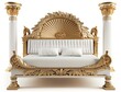 Classic empire style white and gold double bed with posts isolated on a white background. Generative ai bedroom idea