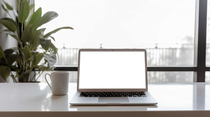 Laptop with cut out screen on desktop near window. Copys space. Based on Generative AI