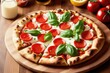 © Aleksandr - Hot tasty traditional italian pizza with salami, meat, cheese, tomatoes greens, generative ai, on a dark background