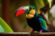 Toucan bird in jungle, blurry background, generative ai