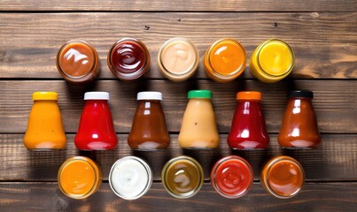 Sticker -  a variety of sauces and condiments on a wooden table.  generative ai