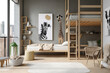 © Trinette Reed - Kid's bedroom in modern design home with bunk beds and Giraffe toy. Generative AI.