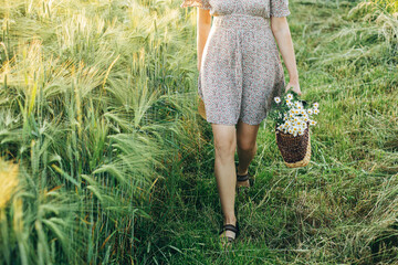 Wall Mural - Beautiful woman walking with wildflowers bouquet close up in sunset light in barley field. Stylish female relaxing in evening summer countryside and gathering flowers. Atmospheric tranquil moment