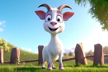 Poster - Group of Cute Cartoon Goat on a Farm (Generative AI)