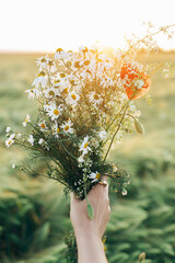 Wall Mural - Beautiful woman holding wildflowers bouquet close up in sunset light in barley field. Stylish female relaxing in evening summer countryside and gathering flowers. Atmospheric tranquil moment