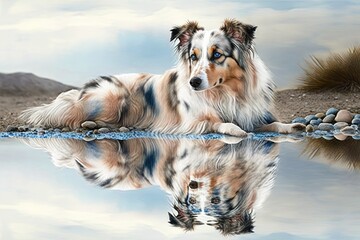 Canvas Print - serene collie resting by the waters edge Generative AI