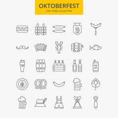 Line Oktoberfest Icons Big Set. Vector Set of 25 October Fest Holiday Seasonal Modern Thin Line Icons for Web and Mobile. Alcohol Beer Icons Collection