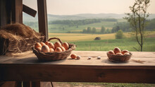 Farm Fresh Delights. Rustic Wooden Table With A Basket Of Fresh Brown Eggs, Set Against A Countryside Field. Rural Charm AI Generative.
