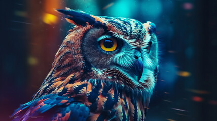 Wall Mural - Abstract animal Owl portrait with colorful double-exposure paint. Generative AI