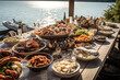 Gastronomic seafood Paradise. Indulge in the culinary wonders of a lavish seafood feast arranged on a rustic wooden table against a scenic sea background AI Generative