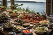 Gastronomic seafood Paradise. Indulge in the culinary wonders of a lavish seafood feast arranged on a rustic wooden table against a scenic sea background AI Generative