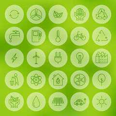 Line Web Ecology Energy Power Icons Set. Vector Collection of Modern Thin Line Icons of Environment Green Energy Circle Shaped over Blurred Background.