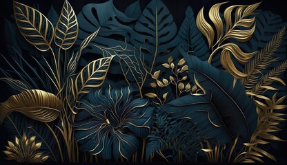 tropical leaves wallpaper, dark blue and gold, background banner, mural art, watercolor illustration