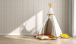Cream fabric kid teepee tent, string light, cute red and yellow cushion pad in sunlight on cream white stripe wallpaper wall, parquet floor for children interior design bedroom background 3D