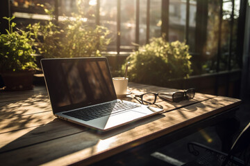 Hot cup of morning coffee on a terrace outside with laptop. Cozy relaxing environment to enjoy an espresso and work. Ai generated