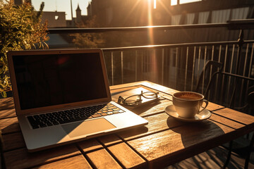 Hot cup of morning coffee on a terrace outside with laptop. Cozy relaxing environment to enjoy an espresso and work. Ai generated