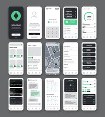 Wall Mural - Mobile application UI UX template. 
Universal screens with welcome, login, main menu, chat, chart, credit cards list and map. UI elements for design mobile banking or shop.