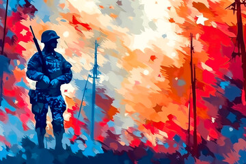 Wall Mural - Soldier with abstract colorful background, 4th of July, Veteran's Day, Memorial Day design. Generative AI
